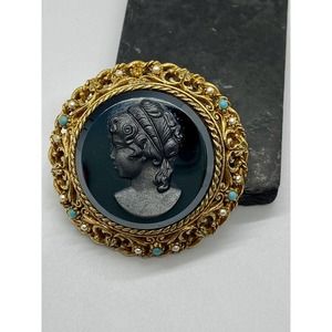 Signed ART Arthur Pepper Cameo Brooch Intaglio Faux Turquoise Pearl 2”